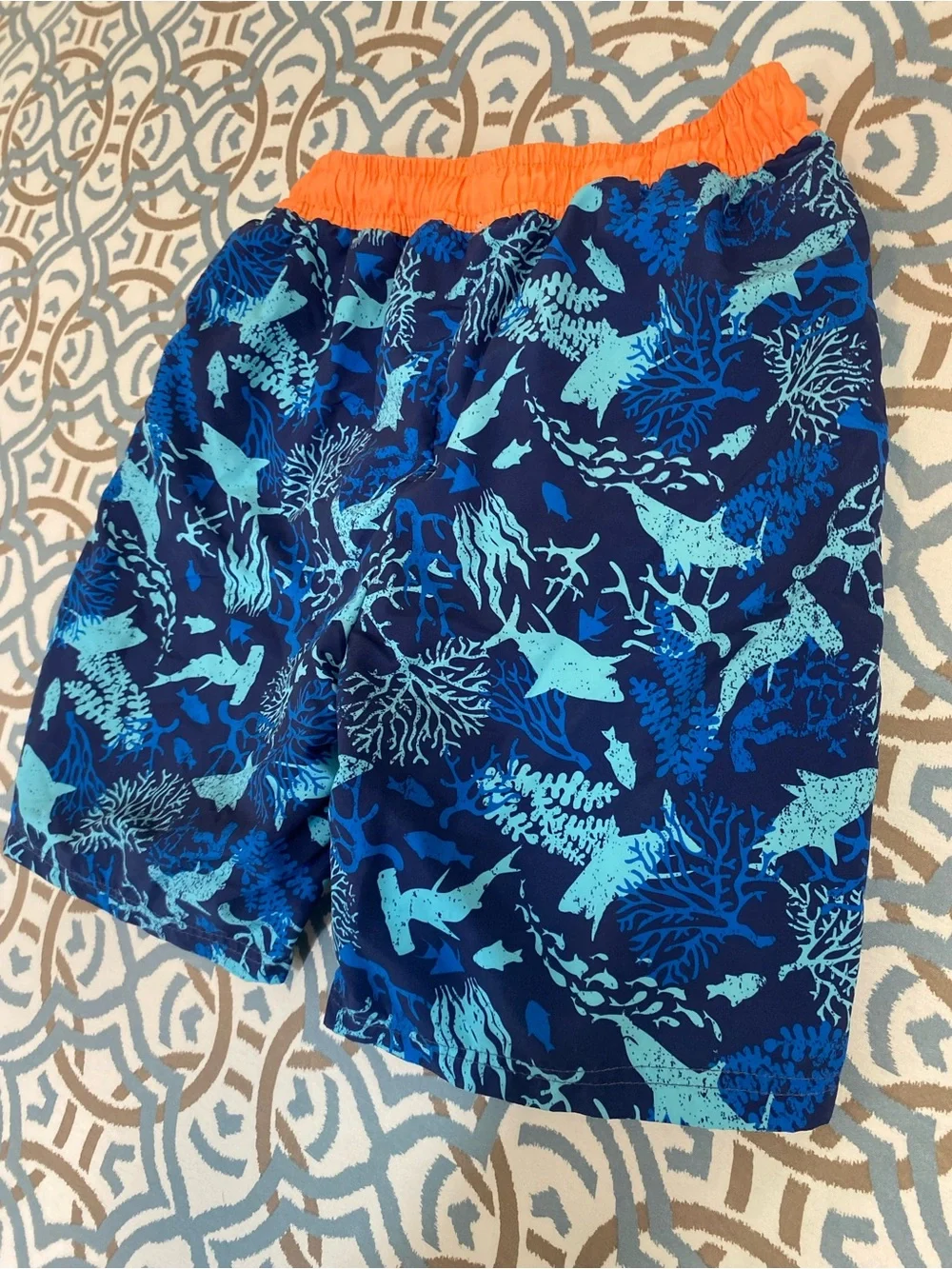 Kids Blue Ocean Print Swim Trunks with Orange Waistband